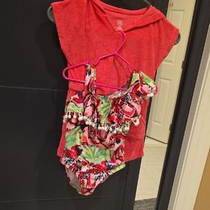 Colorful Floral Swimsuit with Red Cover-Up